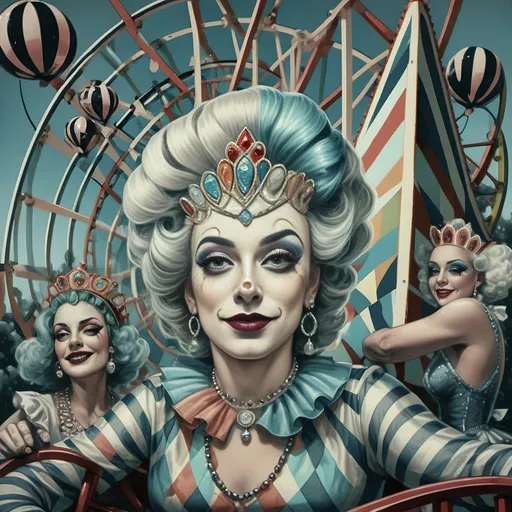 Prompt: (A stunning oil masterpiece) of a group of drag queens in (fancy clothing), joyfully riding the Nation’s New drag queen roller coaster in Liberty Park, vibrant colors and dazzling details, dramatic expressions of excitement, adorned with shimmering accessories, against a whimsical background filled with a Ferris Wheel of Drag Queens, honoring Nuit, surrounded by local attractions, (highly detailed, ultra-realistic).