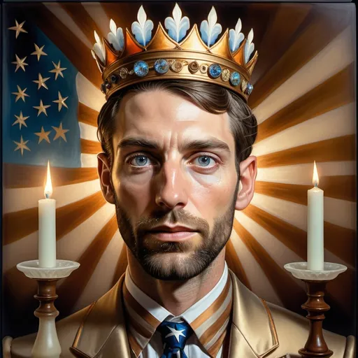 Prompt: A Seven Wonders Art Glass Studio painting of a man wearing a crown and American flag behind him with candles in the background and a candle lit room, Charles Bird King, american realism, highly detailed digital painting, a character portrait honoring Nuit.