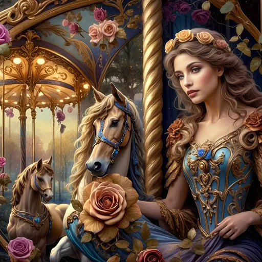 Prompt: Art Nouveau Carousel scene, (elegant woman with horse), (vibrant roses), soft pastel color scheme, (hues of gold and azure), romantic and whimsical atmosphere, detailed decorative elements, intricate designs, enchanting background featuring the (beautiful carousel), ethereal lighting, showcasing the beauty of Nuit, (ultra-detailed, 4K), dreamlike imagery blending nature and artistry.