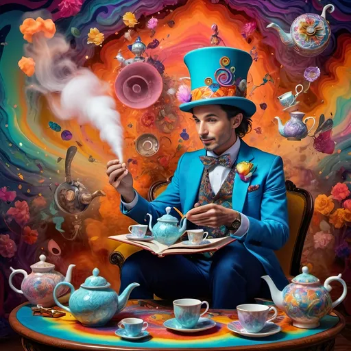 Prompt: (psychedelic still life portrait), vibrant colors, (magician jack-in-the-box man), whimsical tea party ambience, enchanting teapots, magical items animated around him, open book in front, dreamy and surreal atmosphere, intricate details, flowing patterns, mesmerizing depth, an explosion of colors, high-definition masterpiece, captivating and playful vibe.