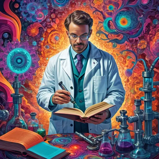 Prompt: (poster), (psychedelic art), gay scientist man, wearing a lab coat, holding a microscope and a book, vibrant colors, swirling patterns, abstract forms surrounding him, intricate details, mesmerizing visuals, science and knowledge theme, illuminated background, enchanting atmosphere, bold and dynamic composition, visually captivating, high-quality 4K, artistic masterpiece.