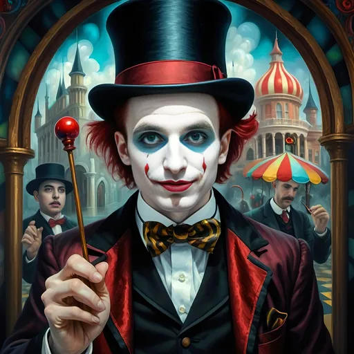 Prompt: (A psychedelic oil painting) of a magician, (a man with a top hat and cane), vivid color palette, enchanting scene, intricate stained glass window behind him, whimsical patterns, surreal atmosphere, mystic aura, high contrast lighting, art reflecting the imaginative essence of seven wonders, (ultra-detailed), captivating and dreamlike ambiance.