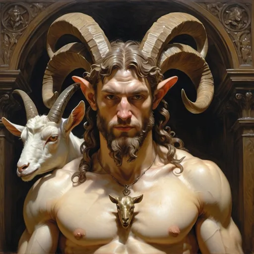 Prompt: a statue of a man satyr with horns and a goat's head on his chest and a goat's head on his chest, Donato Giancola, gothic art, highly detailed oil painting, a bronze sculpture