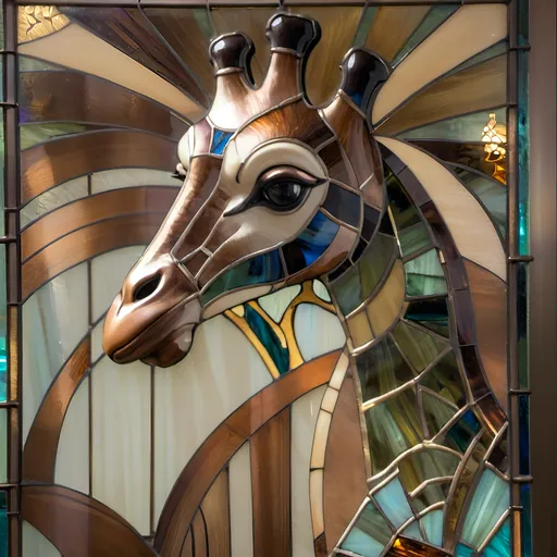 Prompt: a Seven Wonders Art Glass Studio masterpiece oil painting of commissioned stained glass window of  giraffe.  Giraffe window made using copper foil and solder method honoring Nuit.