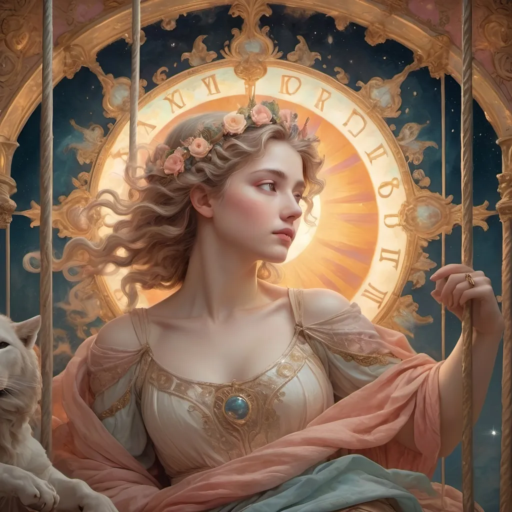 Prompt: (artstyle - Renaissance), (pastel color scheme), carousel portrait of Apollo, blending warmth of the sun, celestial influences of Nuit, dynamic magic of Hadit, intricate details, soft lighting, ethereal atmosphere, harmonious color transitions, magical elements intertwined, rich textures, nostalgic ambiance, captivating blend of mythology and art, ultra-detailed, high quality.