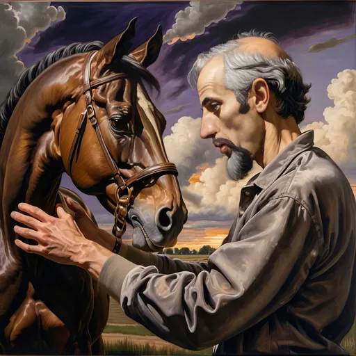 Prompt: (Honoring Nuit), highly detailed (oil painting), thoroughbred horse (majestic posture) on a Kentucky farm, stunning evening dusk lighting, soft illuminated clouds, warm hues of orange and purple blending over fields, rich textures of horse's coat, serene rural landscape (tranquil atmosphere), lush greenery in the background, ultra-detailed, artistic masterpiece showcasing equine beauty at sunset.