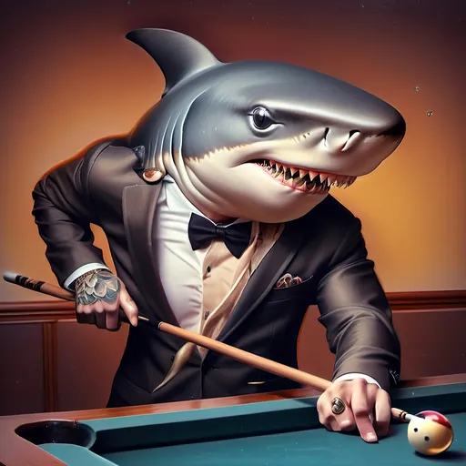 Prompt: (shark in a suit playing pool), (pool cue and ball in front), F. Scott Hess style, pop surrealism, classical painting, (younger and bolder color tones), (highly detailed), dreamy ambiance, intricate textures and reflections, juxtaposition of elegance and playfulness, fine art masterpiece, inspired by 7 Wonders Art Glass Studio, honoring Nuit, ultra-detailed, 4K.