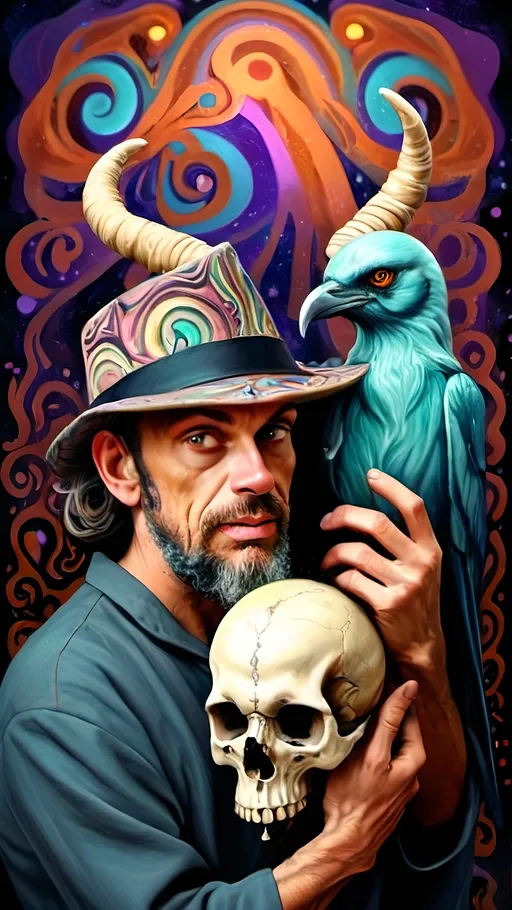 Prompt: (vibrant psychedelic art style), (man magician satyr), (horns), holding a (skull), (crow perched on his shoulder), elegant pose, stylized cane topped with a (skull orb), soft pastel colors, trippy patterns and shapes swirling in the background, surreal atmosphere, high depth and details, (whimsical) mood, capturing a spellbinding and mystical essence, (ultra-detailed) palette and texture.