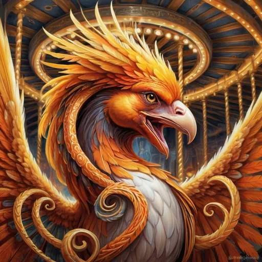 Prompt: a painting of a bird phoenix with orange and yellow feathers on it's head and wings, with a spiral design on its body, Anne Stokes, fantasy art, highly detailed digital art, an airbrush painting in front of a carousel