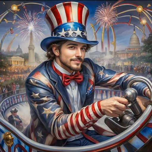 Prompt: (A Seven Wonders Art Glass Studio masterpiece) painting of a man wearing a patriotic hat, (thrilling pose) riding the Freedom rollercoaster, (vibrant colors), scenic background of Freedom Park in D.C., (dynamic movement), celebrating freedom, eternal spark of joy, whimsical ambiance, soft warm lighting, highly detailed, clarity, engaging and joyful atmosphere, surrounded by delighted visitors, landmarks in the distance.