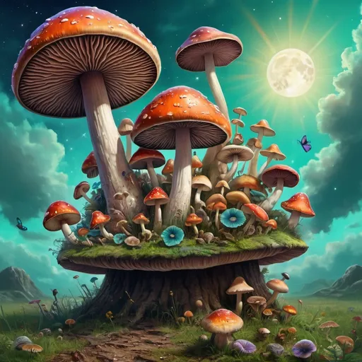 Prompt: a mushroom with a lot of different things around it in the sky and on the ground, all around it, Art Green, psychedelic art, fantasy artwork, digital art