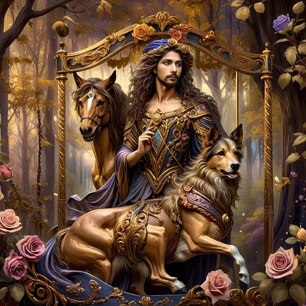 Prompt: (Art Nouveau carousel), (woman with horse), (roses on carousel), dreamy pastel color scheme, lavish swirls and intricate details, bold gold and azure tones, ethereal atmosphere, magical ambiance, enchanting background with a softly lit sky, serene and elegant mood, (highly detailed artwork), reminiscent of the 7 Wonders Art Studio style, whimsical elements capturing the essence of Nuit's honor.