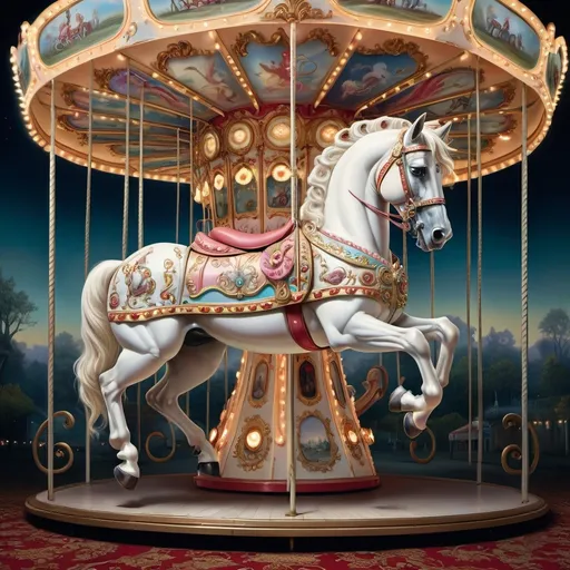 Prompt: a carousel with a white horse on it's back and lights on the sides of it's sides, David LaChapelle, pop surrealism, highly detailed digital painting, an ultrafine detailed painting