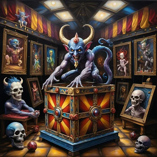 Prompt: (7 Wonders Art Glass Studio), (oil painting), demons as jack-in-the-boxes, circus setting, (highly detailed), (ultra-fine details), esoteric ambiance, dark and mysterious atmosphere, surreal colors, intricate textures, curiosity sparks, vivid contrasting shadows, ethereal lighting, artistically whimsical exhibits, hauntingly beautiful, capturing the essence of Nuit.