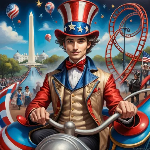 Prompt: (Acrylic painting of a magician man), wearing a (patriotic top hat), joyfully riding a (whimsical rollercoaster) in Liberty Park, with (HD details), vibrant colors, and enchanting motifs. The scene features the (Washington Monument) in the background, as well as the phrase (accurately spelled text "Yankee Doodle"). An aura of celebration and magic surrounds the image, honoring Nuit and the Aeon of Horus.