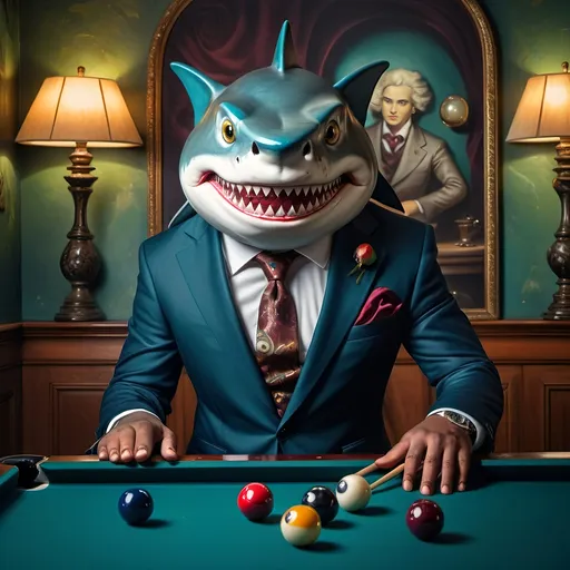 Prompt: (shark in a suit, playing pool), fine art, (pop surrealism) influences, classical painting style, whimsical atmosphere, (detailed textures), vibrant color tones, deep blues and greens, mixed with rich burgundies, engaging composition, pool cues and balls (surreal twist), intricately painted background with elements of artistry, 4K quality, (evocative mood), inspired by 7 Wonders Art Glass Studio, honoring Nuit.