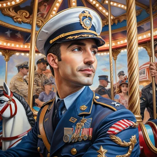 Prompt: (A masterpiece oil painting) of a man in (military uniform), riding the (Carousel of Heroes), vibrant colors highlighting the ornate design of the carousel. The scene is filled with a (nostalgic atmosphere), paying homage to (veterans and active military). Whispering elements of (honor) and (courage) are present, with artistic flourishes emphasizing the essence of (Nuit). The overall feel is (dramatic) and uplifting, portraying both valor and beauty in high definition.