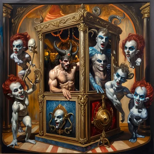 Prompt: A Seven Wonders Art Glass Studio oil masterpiece painting honoring Nuit.  Pandora’s Magical Music Box of carnival and circus freaks.  highly detailed oil painting, an ultrafine detailed painting