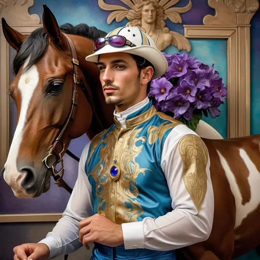 Prompt: A Seven Wonders Art Glass Studio portrait painting of a horse jockey and his horse at the Kentucky Derby.  Renaissance period with Art Deco style attire and style.   a painting honoring Nuit in colors of azure, gold, and purples.