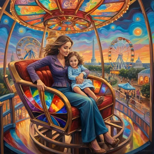 Prompt: (psychedelic oil painting), woman magician riding a stained glass Ferris Wheel, child in her lap, colorful swirls and patterns, illuminated vibrant hues, D.C. monuments in the background, Liberty Amusement Park, whimsical atmosphere, surreal dreamlike quality, ultra-detailed, high-quality canvas art, enchanting scene, playful and captivating mood.