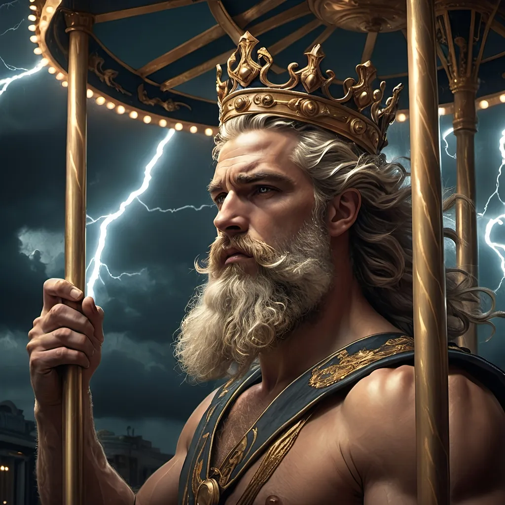 Prompt: (Art Deco style), richly (dark color scheme), depicting Zeus, a bearded man, wearing a crown, holding a pole on a carousel, dramatic (lightning in the background), (fantasy art), (highly detailed digital painting), a masterpiece by Bastien L. Deharme, atmospheric, immersive, captivating details, exquisite textures, ultra-detailed portrait, cinematic depth, electrifying ambiance.