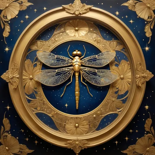 Prompt: (art nouveau style), dragonfly perched gracefully atop a golden clock, intricate detailing, (Brad Kunkle influence), surrounded by shimmering stars, a radiant star at the center, rich golds and deep blues enhancing the celestial theme, blending Egyptian art elements, dreamlike and whimsical atmosphere, highly detailed, (masterpiece) quality, evoking a sense of wonder and magic.