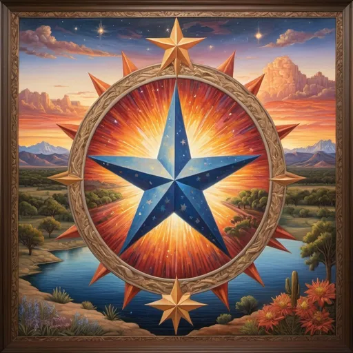 Prompt: (detailed oil painting) a radiant star at the center, surrounded by intricate representations of Texas landscapes and iconic state symbols, harmoniously integrated into a map design, (Evelyn De Morgan inspired) vivid colors, rich textures, highly detailed, showcasing regionalism, capturing the essence of Texas, artful composition, historical richness, and cultural significance, ultra-detailed, vibrant hues, breathtaking atmospheres.