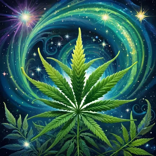 Prompt: (Nuit influence), marijuana plant, (vibrant) Swirly background, (sparkling stars), spiral of light in the sky, (galactic colors) rich greens and deep blues, ethereal glows, intertwining shapes, cosmic elements, dreamy atmosphere, high-quality art, psychedelic poster art, captivating details, (ultra-detailed), enchanting vibe, (space art) with a mystical touch.