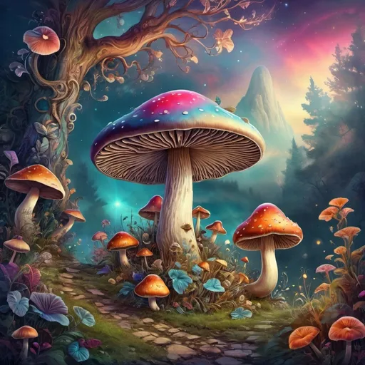 Prompt: (mushroom surrounded by an enchanting landscape), vibrant (psychedelic colors), whimsical elements in the sky and on the ground, fantasy art style, intricate details, (highly imaginative), digital art masterpiece, harmonious blend of flora and fantastical creatures, (luminous background), surreal atmosphere, evocative emotions, ultra-detailed clarity, magical wonderment.