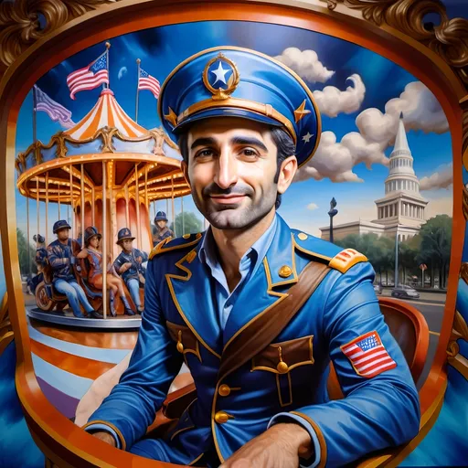 Prompt: (A masterpiece oil painting) of a man in (military uniform), riding the (Carousel of Heroes), vibrant colors highlighting the ornate design of the carousel. The scene is filled with a (nostalgic atmosphere), paying homage to (veterans and active military). Whispering elements of (honor) and (courage) are present, with artistic flourishes emphasizing the essence of (Nuit). The overall feel is (dramatic) and uplifting, portraying both valor and beauty in high definition.