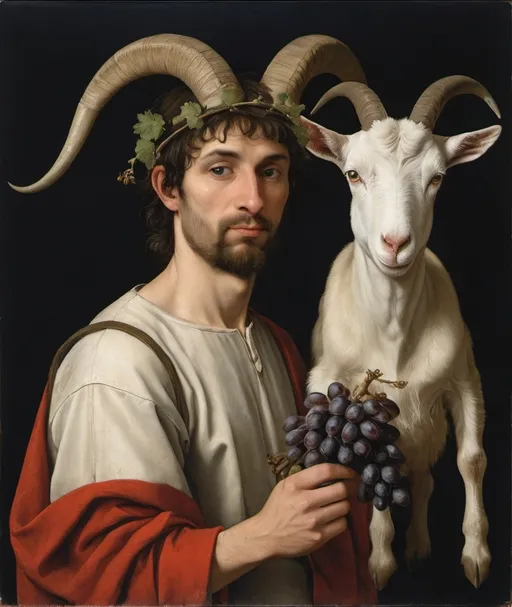 Prompt: a painting of a man with horns and a goat's head on his head, holding grapes and a branch, Dieric Bouts, neoclassicism, highly detailed oil painting, a fine art painting