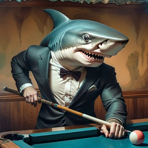 Prompt: (shark in a suit playing pool), (pool cue and ball in front), F. Scott Hess style, pop surrealism, classical painting, (younger and bolder color tones), (highly detailed), dreamy ambiance, intricate textures and reflections, juxtaposition of elegance and playfulness, fine art masterpiece, inspired by 7 Wonders Art Glass Studio, honoring Nuit, ultra-detailed, 4K.