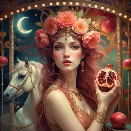 Prompt: (art nouveau style) carousel portrait of Persephone, (vibrant color scheme) woman holding a pomegranate, elegant horse beside her, enchanting mirror lit softly, celestial moon illuminating the background, (Nuit influences) dual nature radiating celestial magic, (highly detailed digital painting) by Anna Dittmann, fantasy art, intricate details, mesmerizing textures, captivating atmosphere.