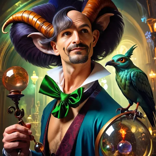 Prompt: (A fine art oil painting) by Seven Wonders Art Glass Studio, (magician man) with a (horned head), (bird on his shoulder), holding a cane and a glowing ball, inspired by Clint Cearley, (fantasy art), rich colors, intricate details, dramatic lighting, mystical atmosphere, character portrait emphasizing the essence of Pan and Nuit, ultra-detailed, vibrant background reflecting magical elements, imaginative and enchanting setting.