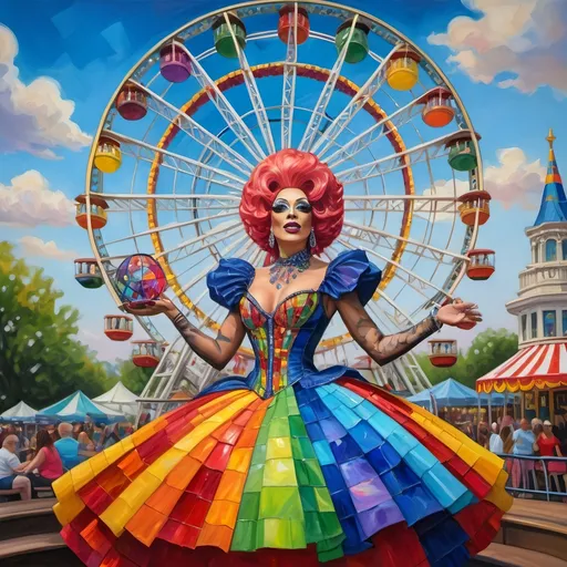 Prompt: (oil painting), (vibrant and surreal), mesmerizing (Drag Queen magician), elaborate costume, stunning Ferris Wheel crafted from colorful stained glass, a joyful child sitting in his lap, drag queen story hour, set in D.C.'s Liberty Amusement Park, iconic D.C. monuments illuminating the background, enchanting atmosphere, rich details and textures, high quality, 4K, deeply expressive colors capturing the whimsical and magical essence.