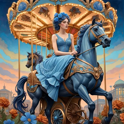 Prompt: Carousel of Diversity, (art nouveau style), (vibrant color scheme), a woman in a wheelchair joyously riding a beautifully crafted carousel with ornate horses, (blue flower in her hair), (Caroline Chariot-Dayez), figurative art, dystopian elements blending with art deco sculpture, whimsical yet haunting ambiance, richly detailed background with whimsical flowers and muted sky illuminating with warm tones, (ultra-detailed).