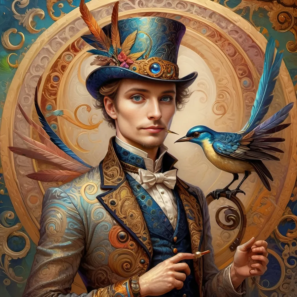 Prompt: a painting of a colorful bird with a circular background and a gold ring around it's neck and a blue eye, Android Jones, psychedelic art, highly detailed digital painting, a detailed painting