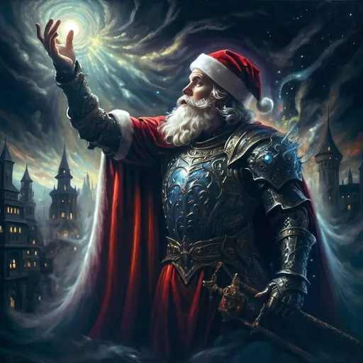 Prompt: (Edgy) oil painting of a knight dressed as Santa Claus (in honor of Nuit), dynamic vibrant colors, dark city background illuminated by a glowing light, flowing red cape, whimsical and surrealistic vibe, imaginative playfulness, influences of Ernest William Christmas, epic fantasy character art, vibrant psychedelic style, ultra-detailed texture, concept art composition, high-quality masterpiece, artistic themes of juxtaposition, drama, and enchantment.