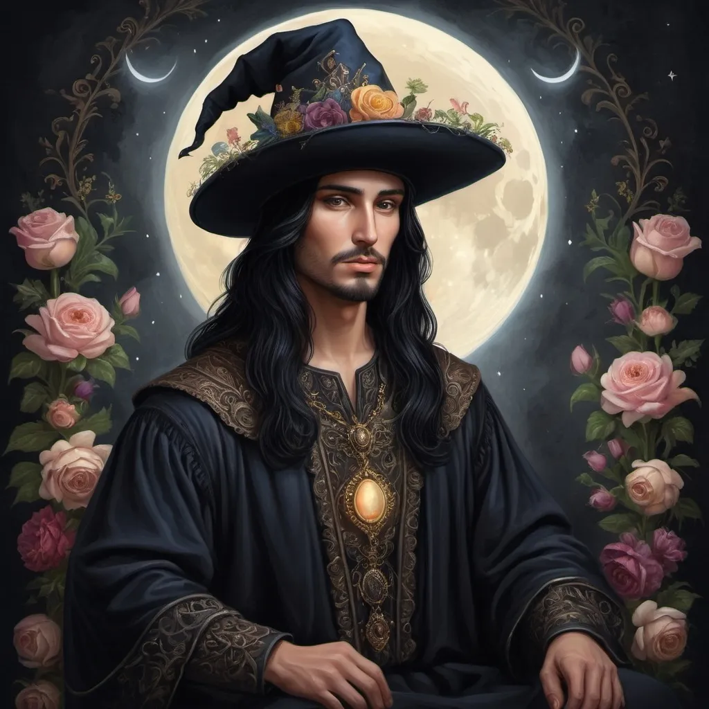 Prompt:  a painting of a dark headed saytr with a magical hat painted on it, magical ambiance, friendly, highly detailed digital painting, an ultrafine detailed painting.  Add Renaissance background.  Adorn with mystic florals.  Add moon influences