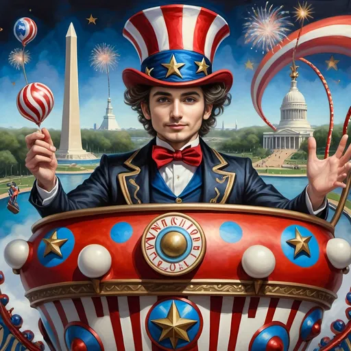 Prompt: (Acrylic painting of a magician man), wearing a (patriotic top hat), joyfully riding a (whimsical rollercoaster) in Liberty Park, with (HD details), vibrant colors, and enchanting motifs. The scene features the (Washington Monument) in the background, as well as the phrase (accurately spelled text "Yankee Doodle"). An aura of celebration and magic surrounds the image, honoring Nuit and the Aeon of Horus.