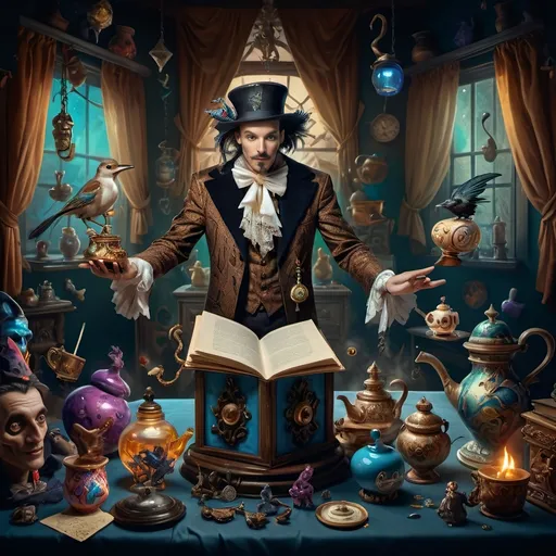 Prompt: (vibrant psychedelic still life), portrait of a magician jack-in-the-box man, surrounded by whimsical teapots and enchanting magical items, coming to life, playful ambiance, lively colors, an open book in front of him, surrealistic elements, dreamlike atmosphere, richly detailed background, (spectacular color gradients), ultra-detailed, eye-catching composition, high-quality artwork.