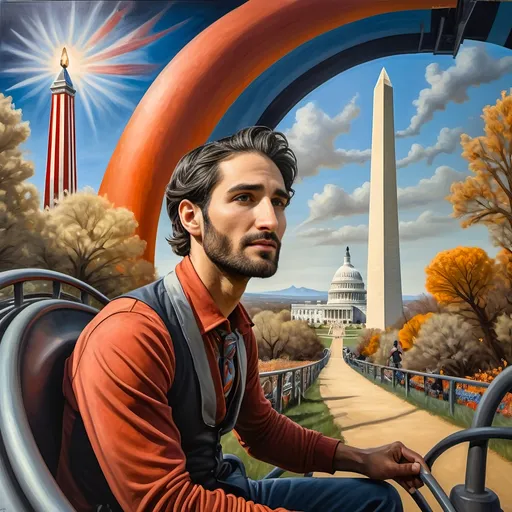 Prompt: (Acrylic painting of a magician man), wearing a (patriotic top hat), joyfully riding a (whimsical rollercoaster) in Liberty Park, with (HD details), vibrant colors, and enchanting motifs. The scene features the (Washington Monument) in the background, as well as the phrase (accurately spelled text "Yankee Doodle"). An aura of celebration and magic surrounds the image, honoring Nuit and the Aeon of Horus.