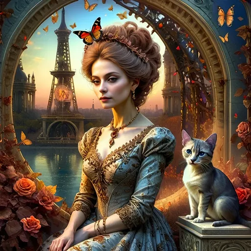 Prompt: (Honoring Nuit, Autumn Equinox), (Renaissance style), woman depicted as nature, flowing dress, butterfly in hair, rich and dark color palette, lush foliage backdrop, mood of serenity and mystery, intricate details in hair and dress, soft chiaroscuro lighting, evocative atmosphere, ultra-detailed, masterful composition, capturing the essence of autumn transition.