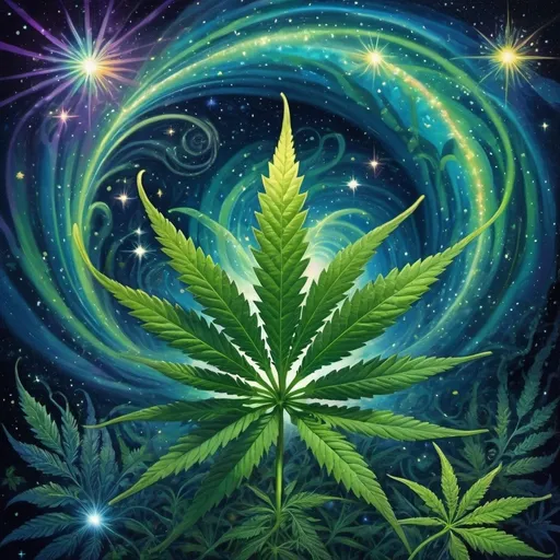 Prompt: (Nuit influence), marijuana plant, (vibrant) Swirly background, (sparkling stars), spiral of light in the sky, (galactic colors) rich greens and deep blues, ethereal glows, intertwining shapes, cosmic elements, dreamy atmosphere, high-quality art, psychedelic poster art, captivating details, (ultra-detailed), enchanting vibe, (space art) with a mystical touch.