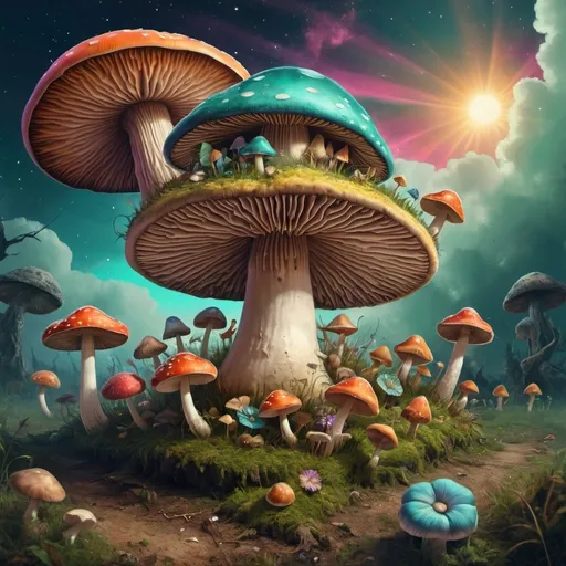 Prompt: a mushroom with a lot of different things around it in the sky and on the ground, all around it, Art Green, psychedelic art, fantasy artwork, digital art