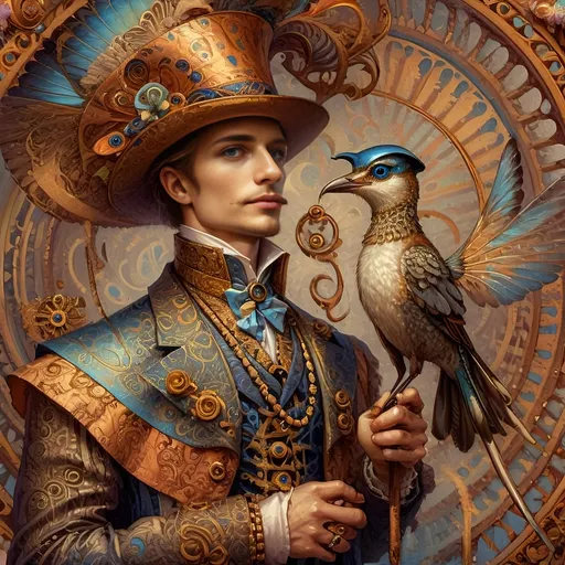 Prompt: a painting of a colorful bird with a circular background and a gold ring around it's neck and a blue eye, Android Jones, psychedelic art, highly detailed digital painting, a detailed painting