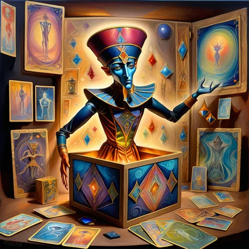 Prompt: A 7 Wonders Art Glass Studio painting of a puppet in a box (Jack-in-the-Box) surrounded by Thoth Taro cards (Honoring Nuit) and a mirror with a face on it and esoteric magic in the background