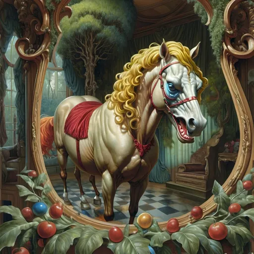 Prompt: A Seven Winders Art Glass Studio exquisite oil Renaissance and Art Nouveu painting of a horse in a forest with swirls and trees in the background and a swirly tree, Amanda Sage, fantasy art, intricate oil painting, an airbrush painting