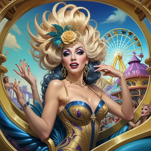 Prompt: (A stunning oil masterpiece) of a group of drag queens in (fancy clothing), joyfully riding the Nation’s New drag queen roller coaster in Liberty Park, vibrant colors and dazzling details, dramatic expressions of excitement, adorned with shimmering accessories, against a whimsical background filled with a Ferris Wheel of Drag Queens, honoring Nuit, surrounded by local attractions, (highly detailed, ultra-realistic).