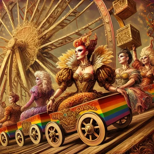 Prompt: (honoring nuit), a mesmerizing painting of colorful drag queens exuding joy and fabulousness while riding a roller coaster, vibrant (rainbow) painted on the side, a whimsical ferris wheel creating a festive atmosphere in the background, whimsical cotton candy clouds, (dynamic movement), warm pastel colors enhancing the lively scene, ultra-detailed, high-quality artwork capturing a celebratory ambiance.